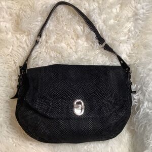 EUC Aimee Kestenburg black suede leather shoulder chest snake